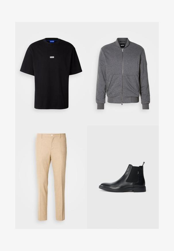 Grå bomberjakke lavet af blødt stof, med lynlås foran, ribbede manchetter og to frontlommer. Enkelt design med minimal branding.; Sort bomulds t-shirt med rund hals, korte ærmer og et hvidt rektangulært "HUGO" logo på brystet. Glat overflade, afslappet pasform.; Beige skræddersyede bukser med en struktureret stof, lige ben-design, frontklapper og en enkelt knaplukning i taljen.; Sorte læder Chelsea støvler med elastiske sidepaneler, en pull-tab og en flad gummisål. Glat tekstur med minimal detaljer.