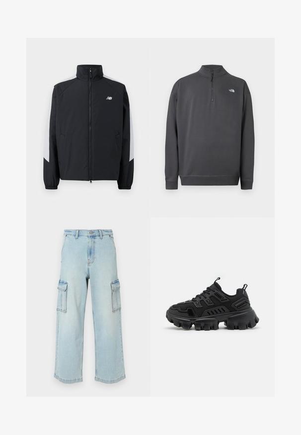 Zwarte jas met een hoge kraag, een rits aan de voorkant en grijze accenten op de schouders. Voorzien van elastische manchetten en zijzakken.; Donkergrijze trui met lange mouwen, kwart ritssluiting en klein wit The North Face-logo op de linkerborst.; Lichtblauwe denim cargo broek met brede pijpen, voorzien van twee zijzakken, een knoopsluiting en een licht vervaagde textuur.; Zwarte sportschoen met een gestructureerde rubberen zool, gelaagde designelementen en versterkte accenten. Heeft veters en een trekklep bij de hiel.