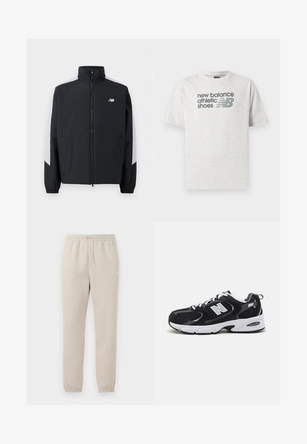 Musta takki, jossa on korkea kaulus, etuvetoketju ja harmaat yksityiskohdat hartioissa. Mukana elastiset hihansuut ja sivutaskut.; Vaaleanharmaa lyhythihainen T-paita, jossa teksti "new balance athletic shoes" ja tyylitelty "NB"-logo tummanharmaana rinnassa.; Vaaleanbeiget verkkarit, jotka on valmistettu pehmeästä kankaasta. Niissä on joustava vyötärö, säädettävä nauha ja kapenevat hihnat nilkoissa.; Mustat ja harmaat urheilukengät, joissa on verkkokangas- ja keinonahka päällyste, valkoinen välipohja, nauhat sekä rohkea "N"-logo sivussa.