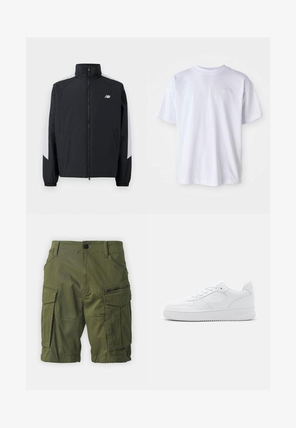 Zwarte jas met een hoge kraag, een rits aan de voorkant en grijze accenten op de schouders. Voorzien van elastische manchetten en zijzakken.; Witte katoenen t-shirt met een ronde hals en korte mouwen. Heeft een subtiele logo geborduurd in bijpassende kleur op de linkerborst.; Olijfgroene cargoshorts gemaakt van lichtgewicht stof. Beschikt over meerdere zakken, inclusief een met rits sluitende zijzak. Opgerolde zoom.; Witte leren sneaker met geperforeerde neus, platte veters en gevoerde kraag. Voorzien van een geperst logo aan de zijkant en een getextureerde rubberen zool.
