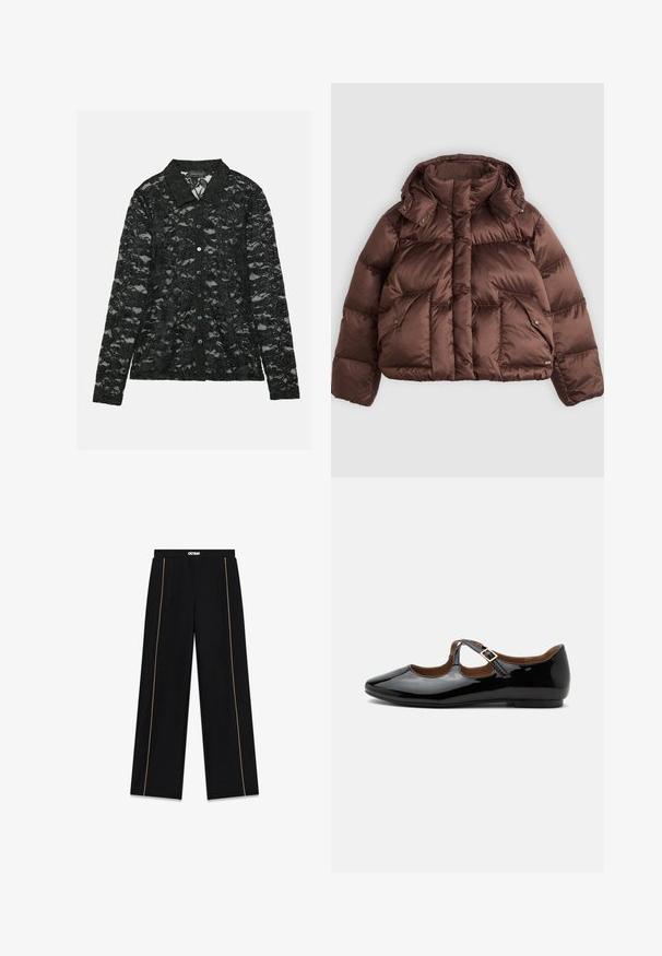 Brun pufferjakke med høj krave, trykknapper og to frontlommer. Lavet af glinsende, quiltet stof med et cropped design.; Sort blonderet bluse med krave, lange ærmer, knaplukning med grønne knapper og et blomstermønster over det hele.; Sorte bukser med vide ben, beige sidebånd og elastisk taljebånd med hvidt "GUESS"-logo.; Sort laklæder Mary Jane-flad sko med to udskæringer og en guldbuckelrem på hvid baggrund.