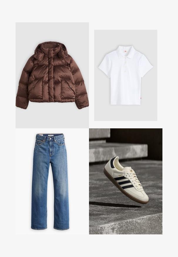 Brun pufferjakke med høj krave, trykknapper og to frontlommer. Lavet af glinsende, quiltet stof med et cropped design.; Hvid kortærmet ribbet poloshirt med krave og fire knapper, lagt fladt ud på en lysegrå baggrund.; Lyseblå denimjeans med høj talje, bred benstil, klassisk fem-lomme design og subtil falmning på stoffet.; Hvid Adidas Samba sneaker med sorte striber og gummsål, svævende over teksturerede grå betonstrin.