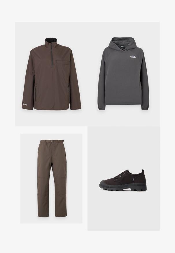 Veste marron à zip quart avec un col haut, deux poches latérales zippées et une poche poitrine. Possède une texture lisse et un design minimaliste.; Sweat à capuche gris en polaire avec une coupe décontractée, des poignets côtelés et un petit logo blanc sur la poitrine gauche. Texture douce et design simple.; Pantalons de plein air marron avec une taille élastique et une ceinture ajustable. Présente des coutures en panneaux et un design à jambe droite. Tissu résistant.; Baskets noires en toile avec un bout rond, semelle en caoutchouc et système de laçage ; elles présentent une finition texturée et un petit logo sur le côté.