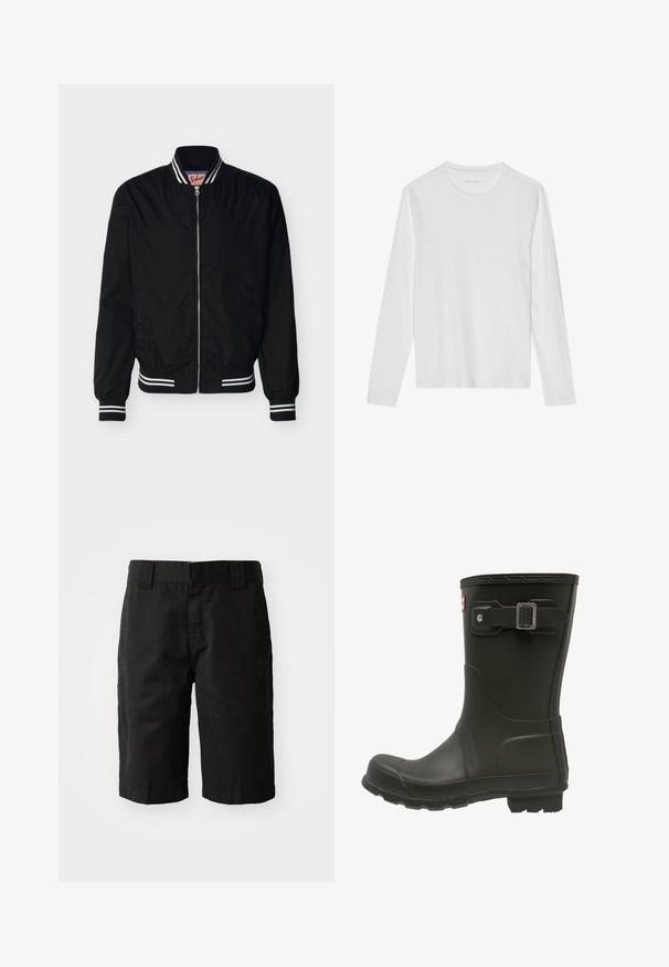 Veste bomber noire zippée avec col, poignets et ourlet côtelés à rayures blanches, présentant une broderie de logo subtile sur le côté gauche de la poitrine.; T-shirt blanc à manches longues en coton doux, avec un col rond et une texture lisse sans motifs ni accents visibles.; Shorts en coton noir avec une coupe droite, des passants de ceinture et un devant plat. Comprend des poches sur les côtés et une texture lisse.; Botte de pluie en caoutchouc noir avec un bout arrondi, une sangle boucle au-dessus et une semelle texturée pour une meilleure adhérence.