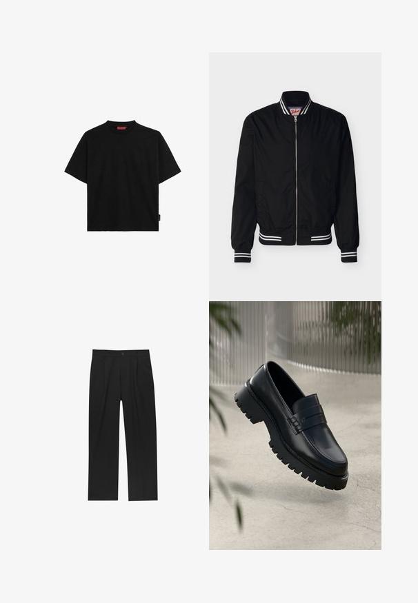Schwarze Bomberjacke mit Reißverschluss, weiß gestreifter, gerippter Kragen, Bündchen und Saum, mit feiner Logo-Stickerei auf der linken Brust.; Schwarzes kurzärmliges T-Shirt aus Baumwolle mit Rundhalsausschnitt und einem kleinen Etikett an der Seite. Glatte Textur und gerader Schnitt.; Schwarze Hose mit geradem Schnitt, aus einem glatten Stoff gefertigt. Verfügt über Vorderfalten und einen einzelnen Knopfverschluss an der Taille.; Schwarze Lederloafer mit einer robusten profilierten Sohle, ausgestattet mit einem dekorativen Riemen und einer Stichdetail. Glatte Textur mit einem polierten Finish.