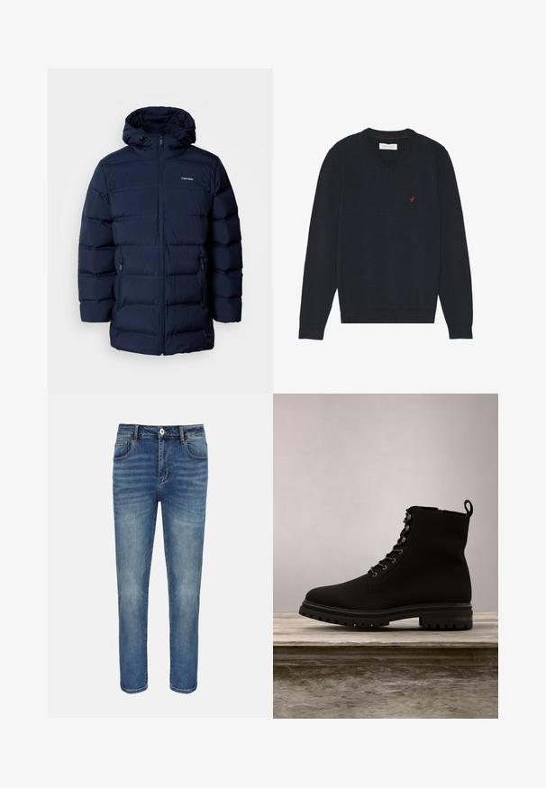 Veste matelassée bleu marine avec capuche, dotée d'une fermeture éclair à l'avant, de poignets élastiques et de deux poches latérales. Le tissu a une texture lisse.; Pull col en V bleu marine à manches longues, avec poignets et ourlet côtelés, et un petit logo d'oiseau rouge sur la poitrine gauche.; Jean droit bleu avec bouton et fermeture éclair à l'avant, passants pour ceinture et poches avant et arrière.; Bottine noire à la cheville en matériau lisse. Caractéristiques : design à lacets, bout rond et semelle en caoutchouc avec motif de traction.