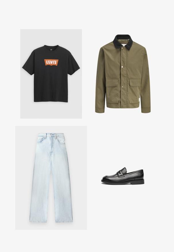 Olijfgroene jas met zwarte corduroy kraag, drukknoopsluiting aan de voorkant en twee grote klepzakken aan de voorkant.; Zwarte katoenen t-shirt met een groot oranje Levi's logo op de voorkant, korte mouwen en een ronde hals.; Lichtblauwe spijkerbroek met een losse pasvorm, hoge taille, vijf-pocketontwerp en rechte pijpen. Vervaagde textuur met zichtbare stikdetails.; Zwarte leren loafers hebben een afgeronde neus, een gestikte naad over de bovenkant en een lage, platte rubbere zool. Gladde textuur zonder zichtbare patronen.