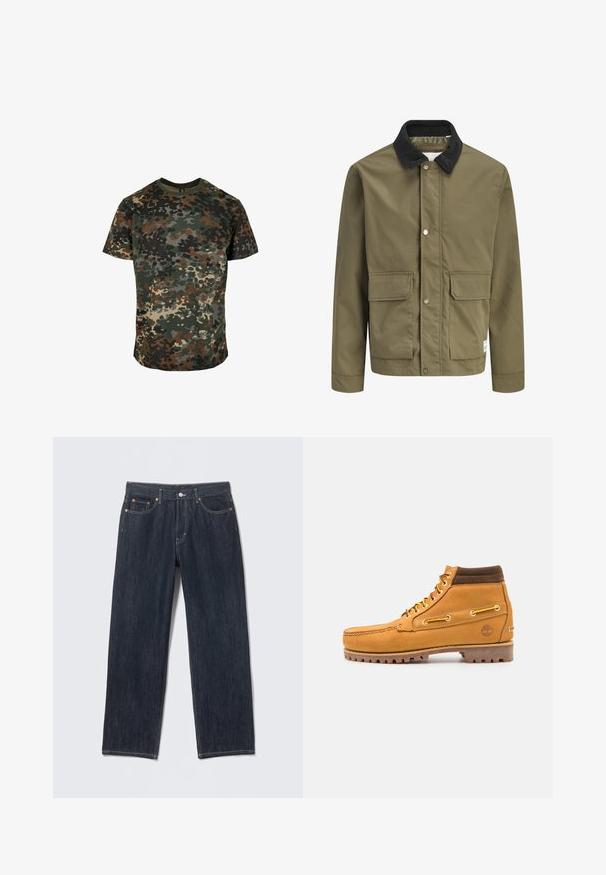 Chaqueta verde oliva con cuello de pana negro, botones a presión delanteros y dos grandes bolsillos frontales con solapa.; Camiseta de camuflaje hecha de algodón, con un estampado multicolor en verde, marrón y negro. Cuello redondo y mangas cortas.; Vaqueros de mezclilla azul oscuro con corte recto, trabillas para cinturón, bolsillos delanteros y traseros, y costuras de contraste. Sin patrones ni adornos visibles.; Timberland AUTHENTIC MID LACE BOOT - Botines con cordones - wheat