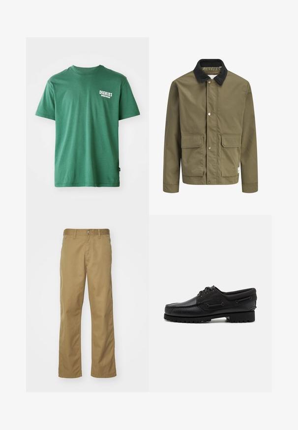 Olijfgroene jas met zwarte corduroy kraag, drukknoopsluiting aan de voorkant en twee grote klepzakken aan de voorkant.; Groene katoenen t-shirt met een ronde halslijn, korte mouwen en een wit logo op de linkerborst. Gladde textuur en een ontspannen pasvorm.; Khaki chino's met een recht gesneden ontwerp, gemaakt van soepel katoenstof. Voorzien van een knoopsluiting aan de voorkant en zijzakken.; Zwarte schoen met een leren bovenzijde, textiele accenten, ronde veters en een getextureerde rubberen zool. Voorzien van mocassin-stiksel en merkdetails.