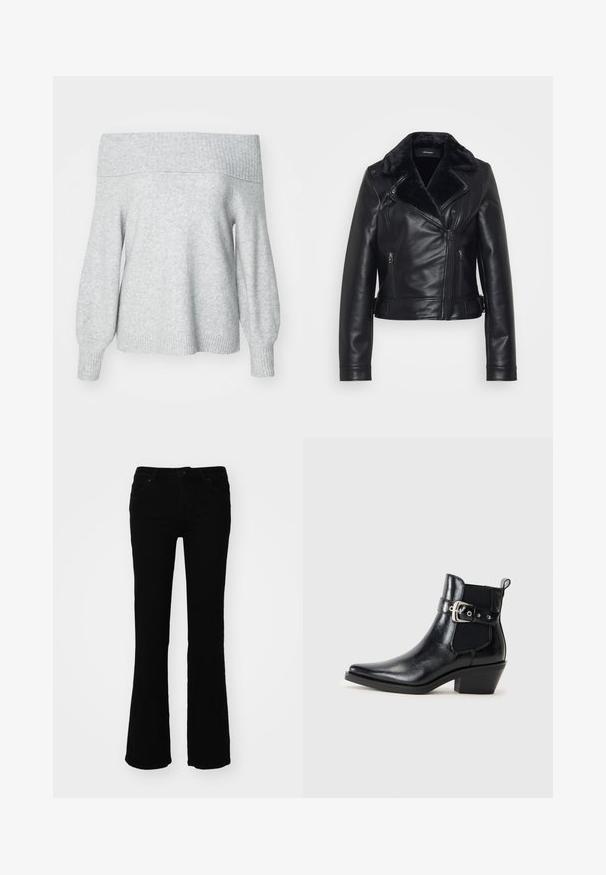 Chaqueta bomber de cuero negra con cuello de piel sintética, bolsillos con cremallera y diseño acolchado en las mangas. Silueta corta y ajustada con un detalle de hebilla.; Suéter de punto gris claro sin mangas con escote de barco y puños acanalados, que presenta un ajuste relajado y una textura suave.; Vaqueros negros de campana hechos de denim, con una cintura de altura media, cinco bolsillos y detalles de costura sutiles en los bolsillos traseros.; Botín de cuero negro hasta el tobillo con punta afilada, tacón pequeño, paneles elásticos laterales y un acento decorativo de hebilla. Acabado suave.