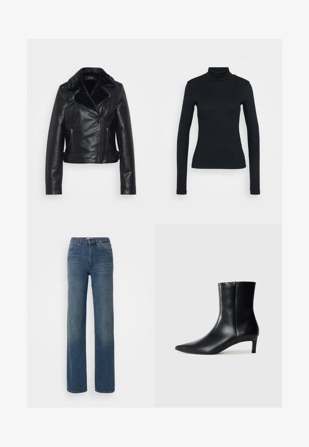 Chaqueta bomber de cuero negra con cuello de piel sintética, bolsillos con cremallera y diseño acolchado en las mangas. Silueta corta y ajustada con un detalle de hebilla.; Jersey de cuello alto de manga larga negro con una silueta ajustada sobre un fondo claro.; Jeans rectos de cintura alta en azul, con bolsillos frontales, pasadores para cinturón, cierre de botón y cremallera. Detalles ligeramente deslavados en los muslos.; Botín de cuero negro hasta el tobillo con punta afilada, silueta ajustada y tacón bajo y redondeado. Textura suave con un detalle mínimo.