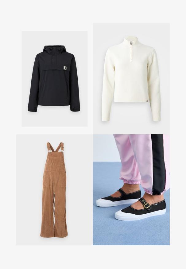 Zwarte windbreaker jas met een capuchon, voorzien van een voorzak, elastische boorden en een logopatch op de borst. Glad, waterafstotend materiaal.; Witte sweater met ritssluiting en lange mouwen. Gemaakt van een zachte gebreide stof, met ribgebreide boorden en een zoom. Subtiele merklogo aan de zoom.; Bruine corduroy salopettes met brede pijpen, verstelbare bandjes en een voorkant vak. Zachte textuur met een verticale ribbelpatroon.; Zwarte canvas schoenen met een witte zool, met een uitgesneden ontwerp en een gouden gespband. Draagt met roze joggingsbroek.