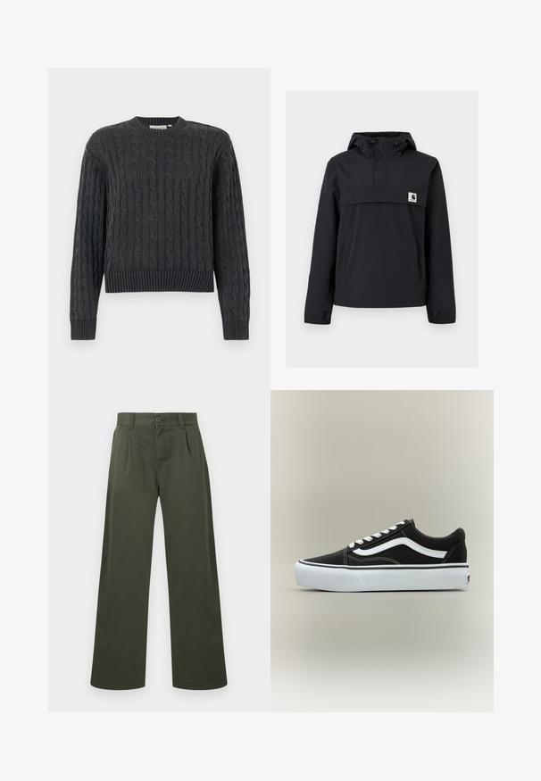 Veste coupe-vent noire avec capuche, dotée d'une poche avant, de poignets élastiques et d'un écusson logo sur la poitrine. Tissu lisse et résistant à l'eau.; Pull en maille torsadée gris foncé avec manches longues, poignets, ourlet et col rond côtelés, présenté sur un fond uni.; Pantalon vert olive à jambes droites avec passants pour ceinture, fermeture à boutons à l'avant et poches latérales sur fond blanc.; Baskets basses noires avec bande blanche latérale, lacets blancs, semelle en caoutchouc blanche et bout texturé sur fond neutre.