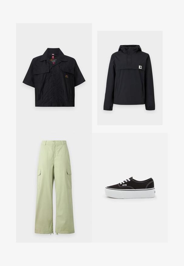 Must mustaga jacket, millel on kapuuts, esikoti, elastsed mansetid ja rinna peal logoga pa patch. Sile, veekindel kangas.; Must mustärgreline särk lühikeste varrukatega, nööpidega kinni pandud ees, kahe rinnataskuga ja väikese logoplaadiga. Valmistatud kergest, tekstureeritud kangast.; Heledad heledad roheline cargo püksid, mis on valmistatud puuvillast ja millel on laiad sääred. Omab kahte küljetaskut ja nööbid. Sile tekstuur ja lõdvestunud disain.; Must musta tennis jalanõud valge kummi platvormi tallaga, valgete paelte ja õmblustega, ikoonilise kaubamärgiga küljes, madala lõikega disain.