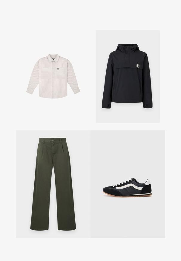 Veste coupe-vent noire avec capuche, dotée d'une poche avant, de poignets élastiques et d'un écusson logo sur la poitrine. Tissu lisse et résistant à l'eau.; Chemise boutonnée à manches longues de couleur gris clair avec des rayures verticales. Équipée de poches poitrine et d'un col classique. Tissu doux avec une coupe décontractée.; Pantalon vert olive à jambes droites avec passants pour ceinture, fermeture à boutons à l'avant et poches latérales sur fond blanc.; Chaussure de sport noire avec tige en suède et textile, accents blancs, six œillets et semelle en caoutchouc. Forme élégante avec un profil bas.