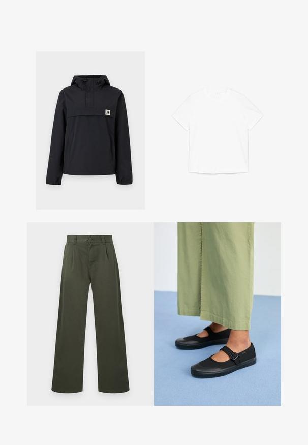 Must mustaga jacket, millel on kapuuts, esikoti, elastsed mansetid ja rinna peal logoga pa patch. Sile, veekindel kangas.; Puhas valge lühikeste varrukatega ümarakaelusega T-särk, mis on tasapinnale laotatud valgel taustal.; Oliivirohelised otse lõigatud püksid vööaasade, eesmine nööp-kinnituse ja küljetaskutega valgel taustal.; Mustad musta värvi kangast jalanõud ümarate varvastega, kummist talla ja kahe pandla rihmaga. Kombineeritud vabade, helesiniste pükstega.