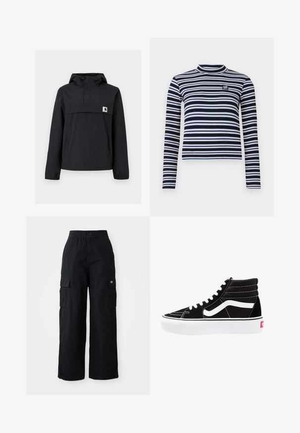 Veste coupe-vent noire avec capuche, dotée d'une poche avant, de poignets élastiques et d'un écusson logo sur la poitrine. Tissu lisse et résistant à l'eau.; Haut à rayures noir et blanc à manches longues avec un col haut, texture côtelée, présentant des accents bleus et beiges et un petit logo sur la poitrine.; Pantalons cargo noirs avec une taille élastique et un bouton. Comprend deux grandes poches latérales et un logo en patch sur la jambe gauche. Design à jambes larges.; Baskets montantes noires avec des lacets blancs, un logo blanc et des coutures blanches contrastées. Dotées d'une épaisse semelle blanche et d'un dessus en daim texturé.