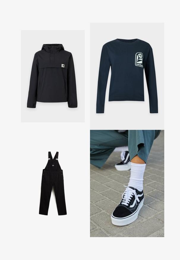 Veste coupe-vent noire avec capuche, dotée d'une poche avant, de poignets élastiques et d'un écusson logo sur la poitrine. Tissu lisse et résistant à l'eau.; Chemise manches longues bleu marine avec col rond et logo fleur blanche avec le texte "Quiksilver" sur la poitrine gauche.; Salopette en denim noir avec bretelles réglables, quincaillerie métallique, poche avant et poches latérales. Texture lisse et design à jambe droite.; Baskets en suède noir avec des accents et des lacets blancs, présentant une épaisse semelle blanche et des coutures contrastantes, associées à une chaussette blanche.