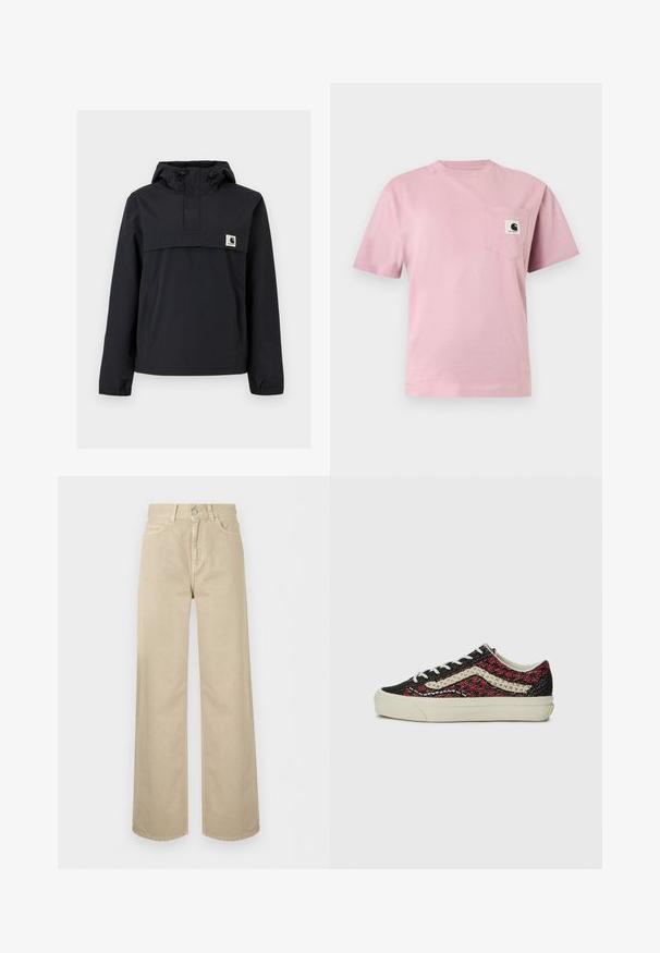 Zwarte windbreaker jas met een capuchon, voorzien van een voorzak, elastische boorden en een logopatch op de borst. Glad, waterafstotend materiaal.; Lichtroze T-shirt met korte mouwen en een borstzakje aan de linkerkant met een klein Carhartt-logo.; Beige wijde broek met hoge taille, voorzijde met knopen en rits, zijzakken, afgebeeld op een effen witte achtergrond.; Vans OLD SKOOL 36 UNISEX - Sneakers laag - bordeaux