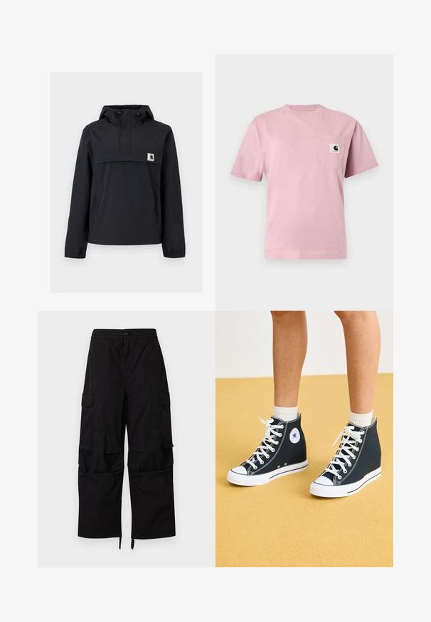 Sort vindjakke med hætte, der har en frontlomme, elastiske manchetter og et logo-patch på brystet. Glat, vandafvisende stof.; Lyserød T-shirt med korte ærmer og en lomme på venstre bryst med et lille Carhartt-logo.; Sorte cargobukser med elastisk talje, knaplukning, sidelommer med klap og brede, lige ben med justerbare kanter.; Høje sneakers i mørkeblåt kanvas med hvide gummisåler, snørebånd og detaljer. Har et rundt logo og hvide syninger.