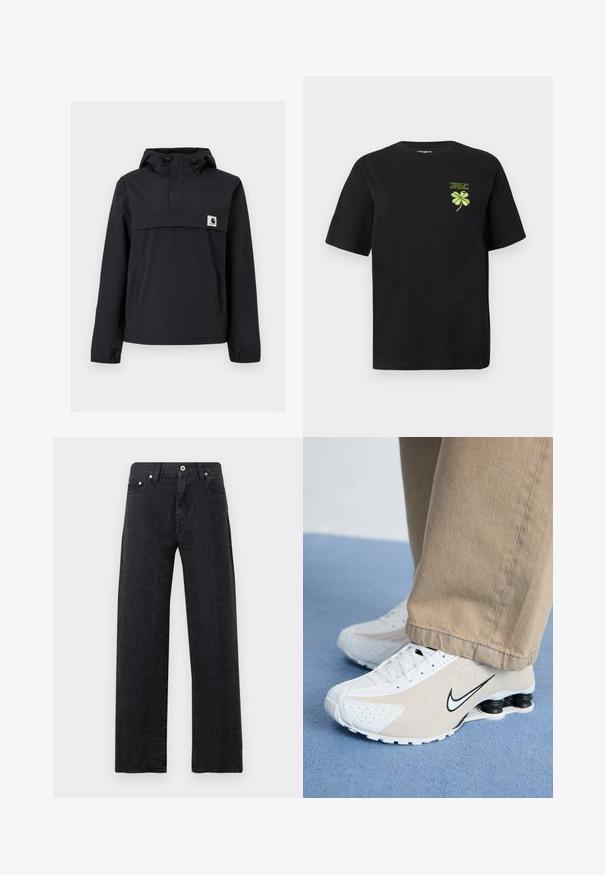 Schwarze Windjacke mit Kapuze, ausgestattet mit einer Vordertasche, elastischen Bündchen und einem Logopatch auf der Brust. Glattes, wasserabweisendes Material.; Schwarzes Baumwoll-T-Shirt mit kurzen Ärmeln und geradem Schnitt. Mit einem grünen gestickten vierblättrigen Kleeblatt und Text auf der linken Brust.; Schwarze, gerade geschnittene Jeans mit hoher Taille und dezentem Leopardenmuster, Frontknopf, Reißverschluss und Fünf-Taschen-Design.; Weiße und beigefarbene Nike-Sneaker mit durchlöchertem Design, schwarzem Swoosh-Logo, strukturiertem Obermaterial und auffälliger, federnder schwarzer Ferse.