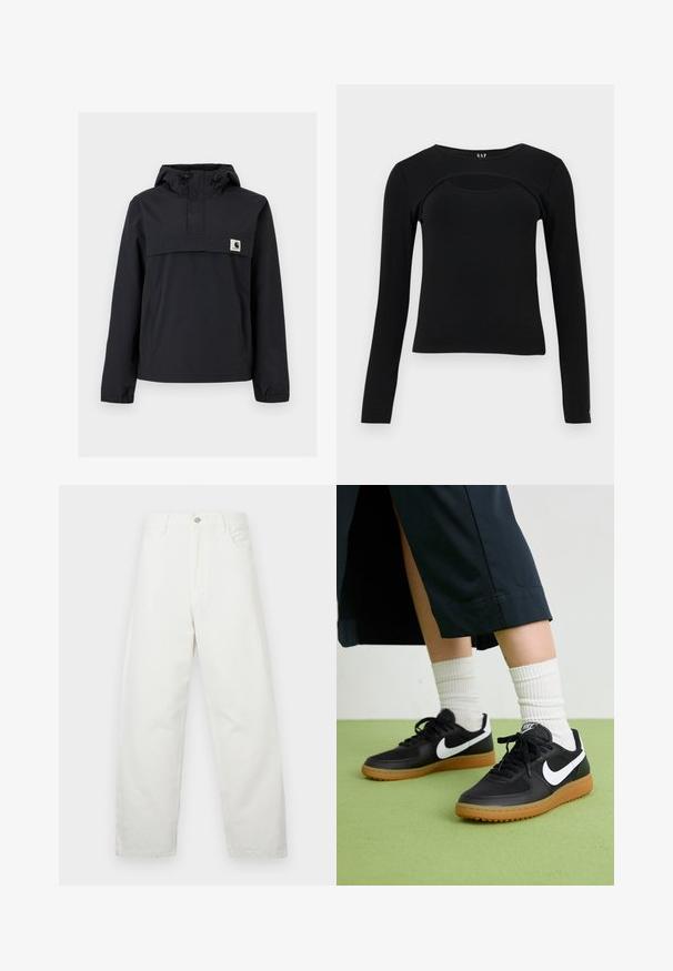 Veste coupe-vent noire avec capuche, dotée d'une poche avant, de poignets élastiques et d'un écusson logo sur la poitrine. Tissu lisse et résistant à l'eau.; Haut noir à manches longues ajusté avec un col rond et une découpe incurvée sur la partie supérieure de la poitrine, étiquette GAP à l'intérieur du col.; Jean blanc à jambes larges en coton, avec un design classique à cinq poches et une fermeture à bouton métallique à la taille. Texture lisse.; Baskets noires en cuir et synthétique avec le swoosh blanc de Nike, semelle en caoutchouc, bout rond et lacets noirs. Chaussettes blanches côtelées visibles.