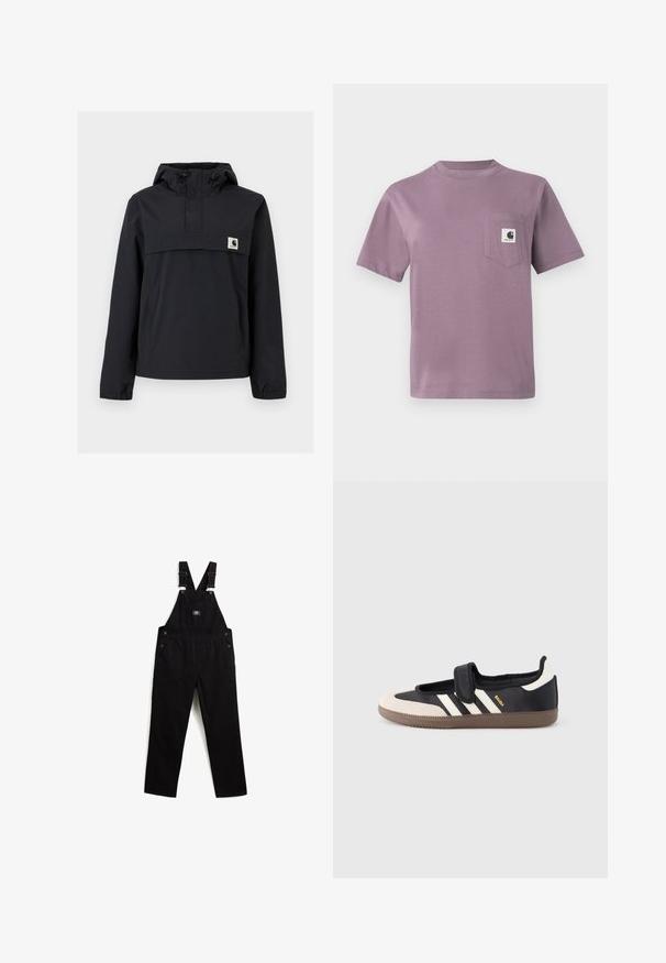 Chaqueta cortavientos negra con capucha, que cuenta con un bolsillo frontal, puños elásticos y un parche de logo en el pecho. Tejido liso y resistente al agua.; Camiseta de algodón lila con cuello redondo, mangas cortas y un bolsillo en el pecho izquierdo que presenta una etiqueta con logo. Textura suave, corte casual.; Pantalones de mezclilla negros con tirantes ajustables, herrajes de metal, bolsillo frontal y bolsillos laterales. Textura suave y diseño de pierna recta.; Zapatilla negra y beige con una correa de velcro, tres rayas blancas en el lateral y una suela de goma marrón texturizada. Logotipo de la marca visible.