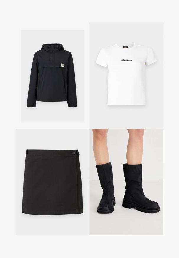 Sort vindjakke med hætte, der har en frontlomme, elastiske manchetter og et logo-patch på brystet. Glat, vandafvisende stof.; Hvid, kortærmet, ribstrikket t-shirt med sort, kursiv "Dickies"-logo centreret på forsiden og rund halsudskæring.; Sort bomulds mininederdel med sidelukning med knapper og lige kant, vist fladt på hvid baggrund.; Sorte knæhøje støvler lavet af et glat tekstilmateriale med en tykk gummisål, der har et minimalistisk design og subtile syninger.