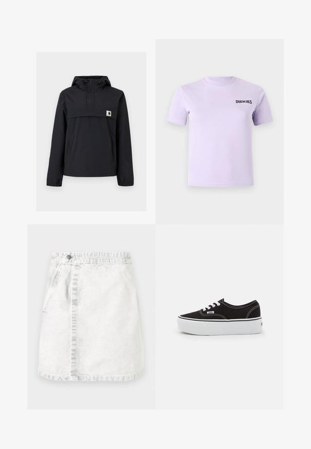 Chaqueta cortavientos negra con capucha, que cuenta con un bolsillo frontal, puños elásticos y un parche de logo en el pecho. Tejido liso y resistente al agua.; Camiseta de algodón lavanda con mangas cortas y cuello redondo. Presenta un logo negro de "DICKIES" en el pecho. Textura suave.; Falda de mezclilla en gris claro. Diseño en línea A con bolsillos frontales, una costura visible en el centro y un solo botón metálico en la cinturilla.; Zapatilla de lona negra con suela de plataforma de goma blanca, que presenta cordones y costuras blancas, con branding icónico en el lateral, diseño de corte bajo.
