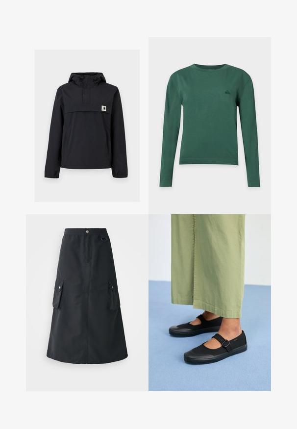 Schwarze Windjacke mit Kapuze, ausgestattet mit einer Vordertasche, elastischen Bündchen und einem Logopatch auf der Brust. Glattes, wasserabweisendes Material.; Dunkelgrünes Langarmshirt mit Rundhalsausschnitt und kleinem tonalen Logo auf der linken Brust, dargestellt auf einem einfarbigen hellgrauen Hintergrund.; Schwarzer Mid-Calf-Rock aus leichtem Stoff, mit elastischem Bund, zwei Cargo-Taschen und einem dezenten Glanz.; Schwarze Leinenschuhe mit runder Spitze, Gummisohle und einer Schnallenriemen. Kombiniert mit lockeren, hellgrünen Hosen.