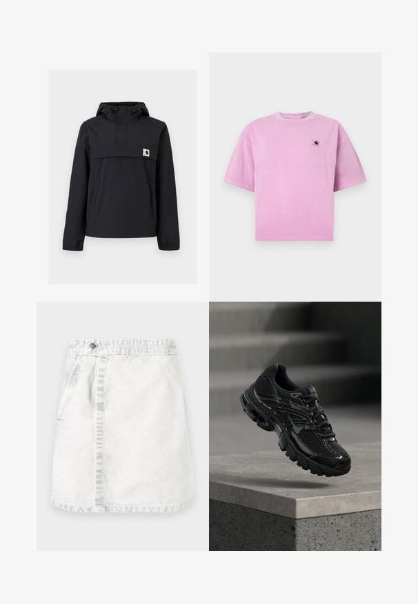 Sort vindjakke med hætte, der har en frontlomme, elastiske manchetter og et logo-patch på brystet. Glat, vandafvisende stof.; Lyserød bomulds t-shirt med korte ærmer, rund halsudskæring og en lille logo patch på venstre bryst. Glat tekstur og afslappet pasform.; Denim nederdel i lysegrå. A-line design med frontlommer, en synlig søm ned ad midten og en enkelt metalknap i taljen.; Sort Nike løbesko med mesh og syntetisk overdel, der svæver over en betonoverflade og trin i baggrunden.