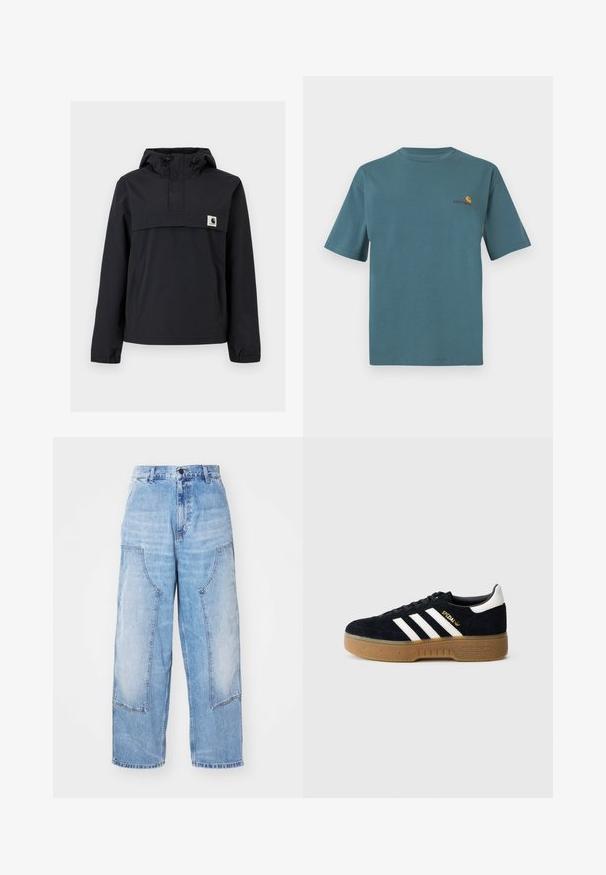 Sort vindjakke med hætte, der har en frontlomme, elastiske manchetter og et logo-patch på brystet. Glat, vandafvisende stof.; Tyrkis bomulds t-shirt med korte ærmer, der har en rund halsudskæring og et lille broderet logo i orange og burgund på brystet.; Lysblå denim bredbenede bukser med to store forlommer, en knaplukning og subtil falming. Syninger på lommedetaljerne.; Sort ruskindssneaker med hvide tre striber og guldfarvet logo. Sål i gummi med tekstureret greb. Klassisk lavtop-design med rundet tå.
