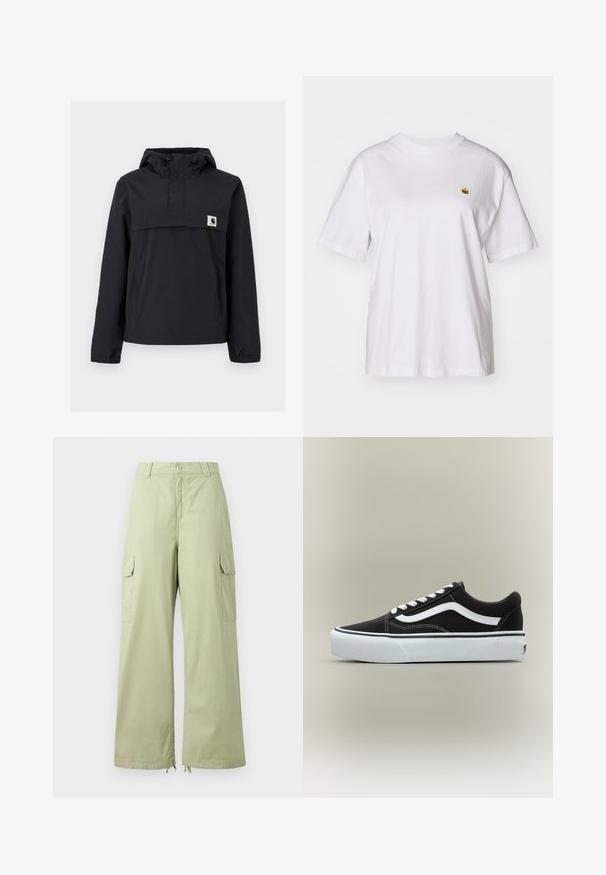 Sort vindjakke med hætte, der har en frontlomme, elastiske manchetter og et logo-patch på brystet. Glat, vandafvisende stof.; Hvid bomulds-t-shirt med en afslappet pasform, korte ærmer og et lille broderet logo på venstre brystområde.; Lysegrønne cargo bukser med brede ben, lavet af bomuld. Har to sidelommer og knaplukning. Glat tekstur og afslappet design.; Lavtop sort sneaker med hvid side stribe, hvide snørebånd, hvid gummisål og tekstureret tåhætte på neutral baggrund.