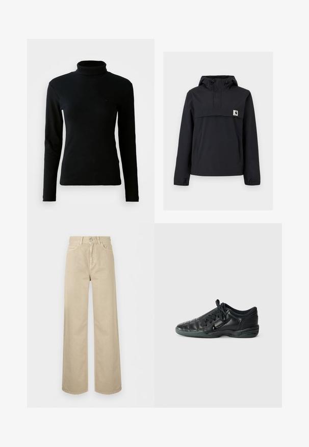 Veste coupe-vent noire avec capuche, dotée d'une poche avant, de poignets élastiques et d'un écusson logo sur la poitrine. Tissu lisse et résistant à l'eau.; Pull en maille côtelée noir à manches longues et col roulé avec une silhouette ajustée sur un fond blanc uni.; Pantalon beige taille haute à jambes larges avec bouton frontal, fermeture éclair et poches latérales, présenté sur un fond blanc uni.; Chaussure de sport en cuir noir avec un design matelassé, bout arrondi, lacets à l'avant et semelle en caoutchouc. Présente une marque discrète sur le côté.