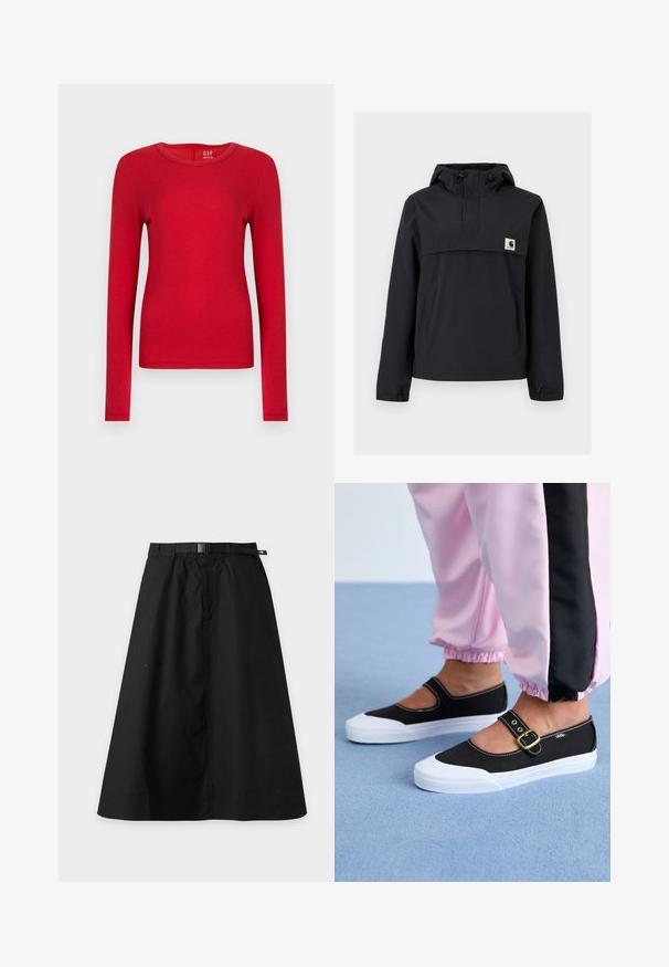 Veste coupe-vent noire avec capuche, dotée d'une poche avant, de poignets élastiques et d'un écusson logo sur la poitrine. Tissu lisse et résistant à l'eau.; Chemise rouge à manches longues en coton doux, avec un col rond et une coupe ajustée. Texture lisse sans motifs ni ornements.; Jupe noire en ligne A avec ceinture intégrée et boucle, avec une petite étiquette logo sur le côté droit de la ceinture.; Baskets noires en toile avec une semelle blanche, présentant un design découpé et une sangle en boucle dorée. Portées avec un pantalon de survêtement rose.