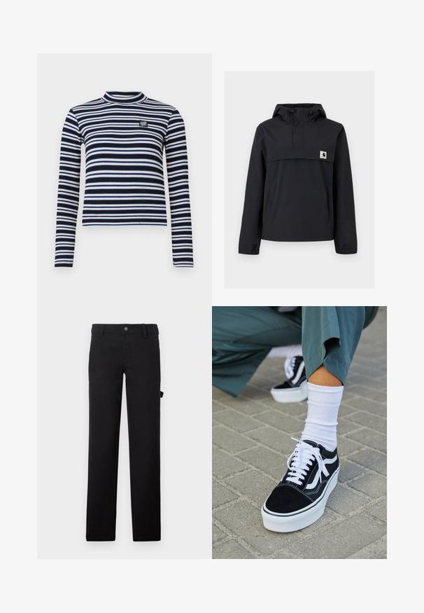 Zwarte windbreaker jas met een capuchon, voorzien van een voorzak, elastische boorden en een logopatch op de borst. Glad, waterafstotend materiaal.; Zwart-wit gestreepte lange mouw top met hoge hals, geribbelde textuur, met blauwe en beige accenten en een klein logo op de borst.; Zwarte broek van stof met een gladde textuur, ontworpen met rechte pijpen, een knoopsluiting en een zijzak.; Zwarte suède sneaker met witte accenten en veters, uitgerust met een dikke witte zool en contrasterende stiksels, gecombineerd met een witte sok.
