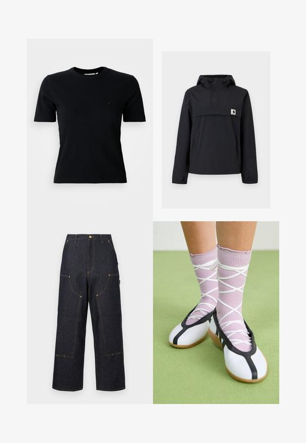 Veste coupe-vent noire avec capuche, dotée d'une poche avant, de poignets élastiques et d'un écusson logo sur la poitrine. Tissu lisse et résistant à l'eau.; T-shirt noir à manches courtes à côtes et col rond ; arbore un logo subtil sur la poitrine ; fabriqué en tissu doux et texturé.; Pantalon en jean bleu foncé à jambes larges avec plusieurs poches avant, coutures contrastées orange et fermeture à bouton à la taille.; Jambes portant des chaussettes lavande côtelées avec des brides blanches croisées, associées à des ballerines blanches avec un bord noir sur un sol vert.