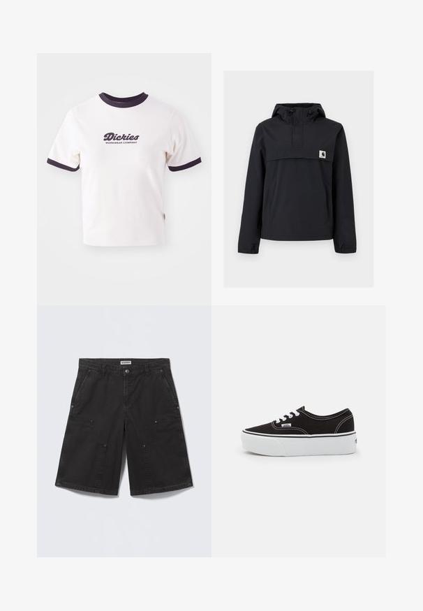 Sort vindjakke med hætte, der har en frontlomme, elastiske manchetter og et logo-patch på brystet. Glat, vandafvisende stof.; Hvid T-shirt med mørkeblå ribbet krave og ærmer. Har en stor grafisk tekstlogo i mørkeblå, "Dickies WORKWEAR COMPANY."; Sorte knælange shorts med store frontlommer med lap, lukning med metalknap, bæltestropper og sidelommer, lagt fladt på en lys baggrund.; Sort lærred sneakers med en hvid gummi platform sål, der har hvide snørebånd og syninger, ikonisk branding på siden, lav-top design.