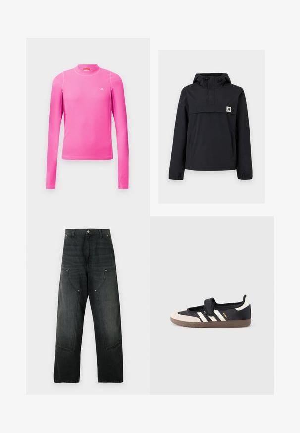 Zwarte windbreaker jas met een capuchon, voorzien van een voorzak, elastische boorden en een logopatch op de borst. Glad, waterafstotend materiaal.; Langdurig sportshirt met lange mouwen in felroze, met een geribbelde textuur, hoge hals en een klein wit logo op de borst.; Zwarte wijde denimbroek met hoge taille, knoopsluiting, riemlussen, oversized voorzakken met klinknageldetails.; Zwart-beige sneaker met een klittenbandsluiting, drie witte strepen aan de zijkant en een getextureerde bruine rubberen zool. Merkembleem zichtbaar.