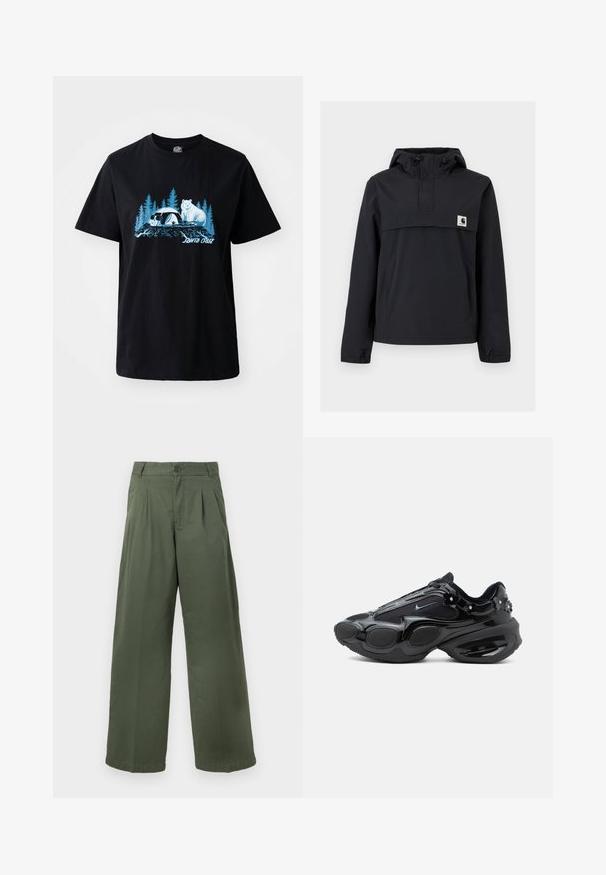 Must mustaga jacket, millel on kapuuts, esikoti, elastsed mansetid ja rinna peal logoga pa patch. Sile, veekindel kangas.; Mustalane puuvillane t-särk, mille esiküljel on sinine graafika karust ja pandast puude taustal. Lühikesed varrukad ja ümmargune kaelus.; Rohelised laia säärega puuvillast püksid, millel on nööpidega kinnis, volditud esikülg ja sile tekstuur sirge äärega.; Mustad vabaajajajalats läikivate ja võrgust paneelidega, ümardatud tallasegmentide ning väikeste lillekaunistustega kanna ja paelte lähedal.
