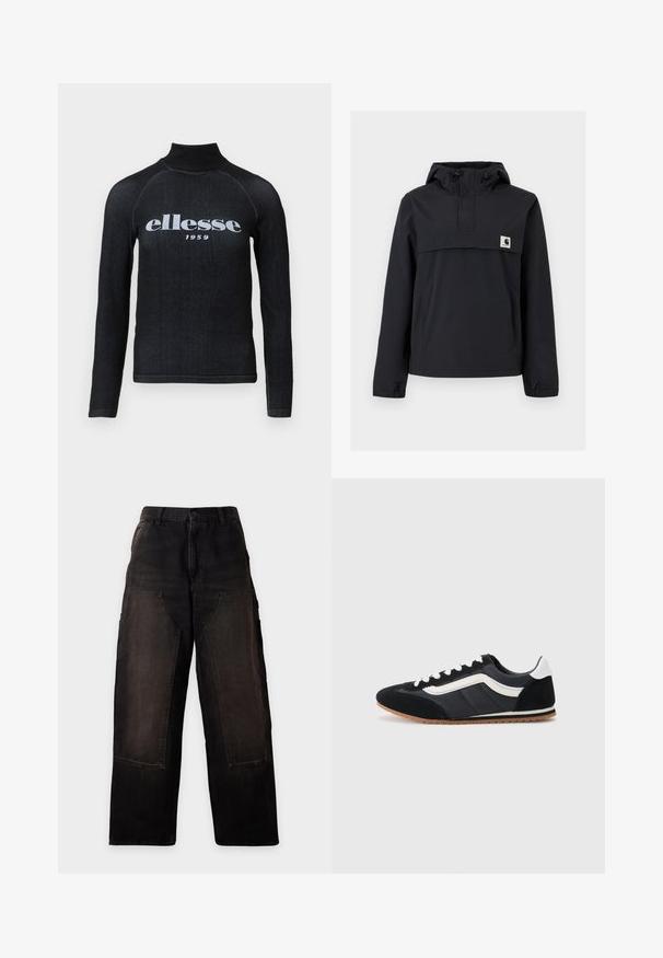 Zwarte windbreaker jas met een capuchon, voorzien van een voorzak, elastische boorden en een logopatch op de borst. Glad, waterafstotend materiaal.; Zwarte longsleeve top met een hoge kraag, voorzien van een witte bedrukte "ellesse 1959" logo op de borst; zachte, rekbare stof.; Zwarte wijde broek met hoge taille en grote voorzakken, plat liggend op een witte achtergrond.; Zwarte sportieve schoen met een bovenkant van suède en textiel, witte accenten, zes veterogen en een rubberen zool. Slanke vorm met een lage profiel.