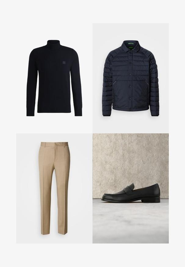 Marineblå pufferjakke med knappelukning foran, raglanærmer og to sidelommer. Har en grøn indvendig label og tekstureret vandret syning.; Marineblå højhalset sweater lavet af blødt strikmateriale, med lange ærmer og ribbestrikket krave. Inkluderer et firkantet logo-patch på brystet.; Beige skræddersyede bukser i tekstureret stof med flad front og lige ben. Har sidelommer og bæltestropper, der giver et poleret udtryk.; Sort lædersko i loafer-stil svæver over et beige tæppe med et blankt brunt rundt bord i baggrunden.