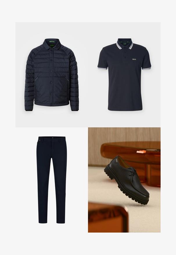 Marineblauwe donsjas met knoopsluiting aan de voorkant, raglanmouwen en twee zijzakken. Heeft een groen binnenlabel en textuur met horizontale stiksels.; Zwart poloshirt met korte mouwen, een kraag en manchetten met witte en grijze strepen, een drieknoopsplooi en het "BOSS"-logo op de linkerborst.; Marineblauwe broek van gladde stof, met een slim fit, riemlussen en een verborgen ritssluiting. Er zijn geen opvallende patronen of accenten aanwezig.; Zwart gestructureerd leren veterschoen met dikke geribbelde zool, voorzien van het merk "HUGO" vlak bij de hiel, weergegeven tegen een beige tapijt en amberkleurig meubilair.