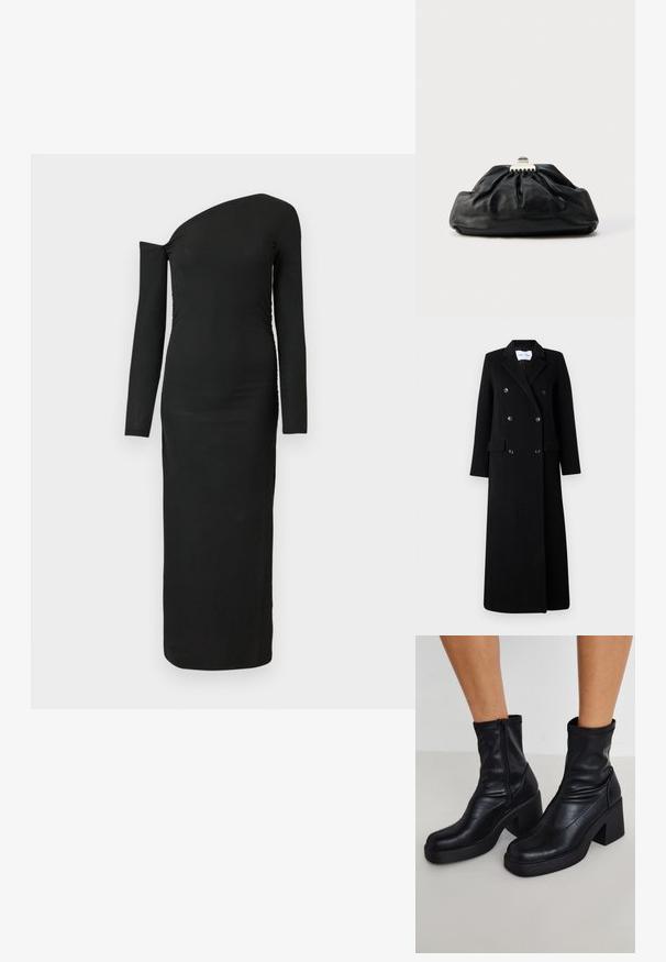 Samsøe Samsøe COAT MAXI - Mantel - black; Zwarte, nauwsluitende, lange mouw jurk met een asymmetrische halslijn en geplooide zijdetail, gemaakt van ribbelstof.; Zwarte leren enkellaarsjes met een hoge blokhak, voorzien van een zijrits, een zachte textuur en een taps toelopende tekening.; Zwarte leren clutch met een geplooide textuur, metalen sluiting en een subtiel geperst logo aan de voorkant. Afgeronde vorm.