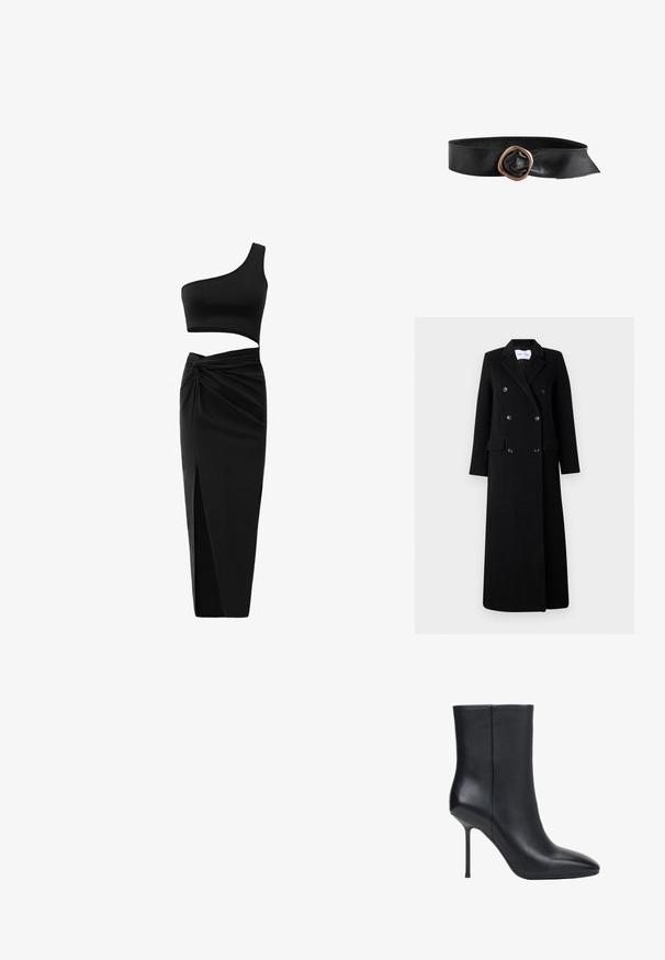 Samsøe Samsøe COAT MAXI - Mantel - black; Zwart twee-delig outfit met een één-schouder crop top en hoge taille rok met een gedraaide detail en een zijsplit. Glad materiaal.; Zwarte leren enkellaars met puntige neus en dunne stilettohak, gladde textuur, zijaanzicht op witte achtergrond.; Zwarte leren riem met een brede band en een grote onregelmatige koperen metalen gesp.