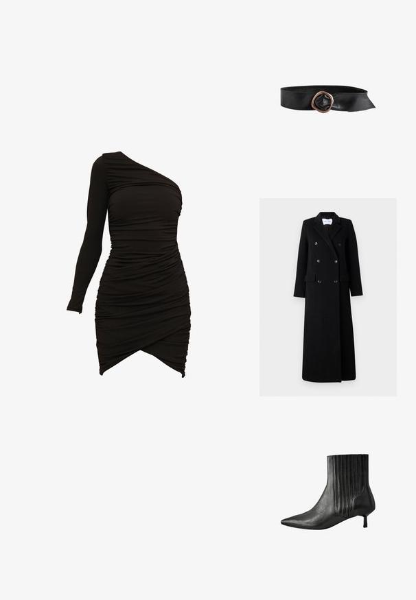Samsøe Samsøe COAT MAXI - Klassischer Mantel - black; Schwarzes One-Shoulder-Kleid aus dehnbarem Material mit gerafften Details und asymmetrischem Saum für eine figurbetonte Silhouette.; Schwarze Leder-Stiefelette mit einer spitzen Zehenform, geribbeltem Seitendesign und einem niedrigen, quadratischen Absatz. Glatte Textur mit glänzendem Finish.; Schwarzer Ledergürtel mit breitem Band und großer unregelmäßiger kupferfarbener Metallschnalle.