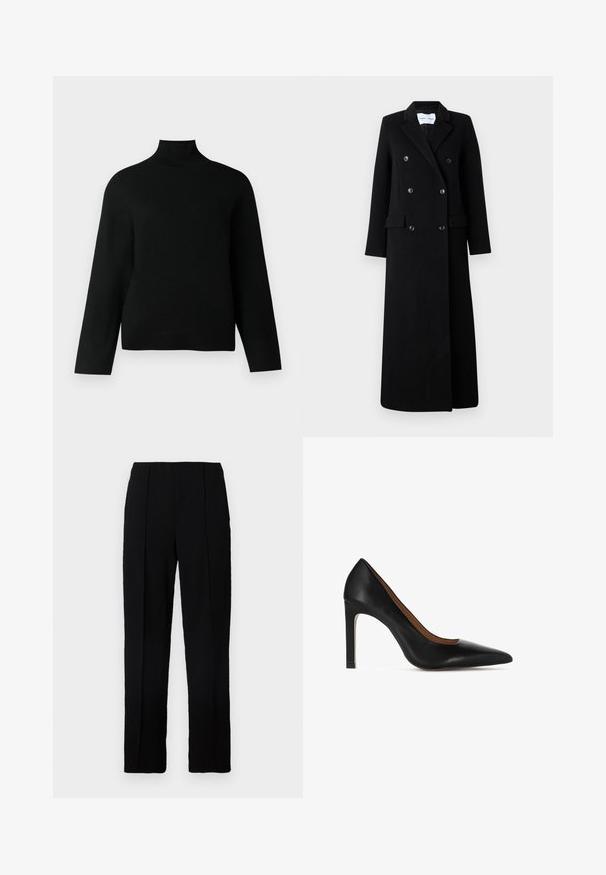 Samsøe Samsøe COAT MAXI - Klassisk frakke - black; Sort turtleneck trøje lavet af blødt strikstof, der har lange ærmer og en afslappet pasform. Glat tekstur uden synlige mønstre eller accenter.; Sorte bukser med lige ben, lavet af et glat stof, med to forreste læg og en ren linning.; Sort læderpumps med høje hæle, spids snude og slank hæl. Glat tekstur med en klassisk silhuet og minimal detaljering.