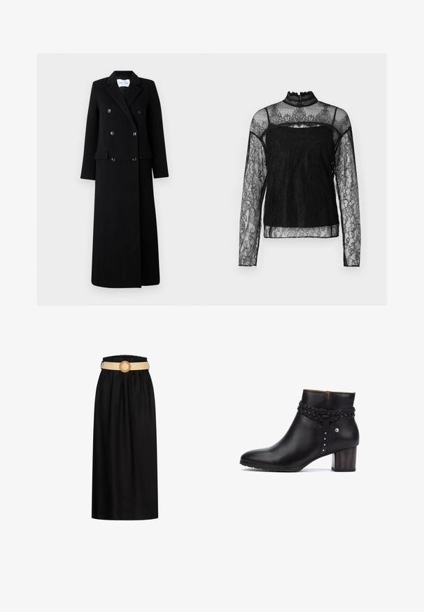 Samsøe Samsøe COAT MAXI - Manteau classique - black; Haut en dentelle noir à manches longues avec col haut, motif floral complexe, tissu transparent et panneau solide sur la zone de la poitrine.; Jupe midi noire en tissu doux, avec une taille élastiquée et une ceinture tissée beige avec une boucle circulaire.; Pikolinos CALAFAT - Boots à talons - black
