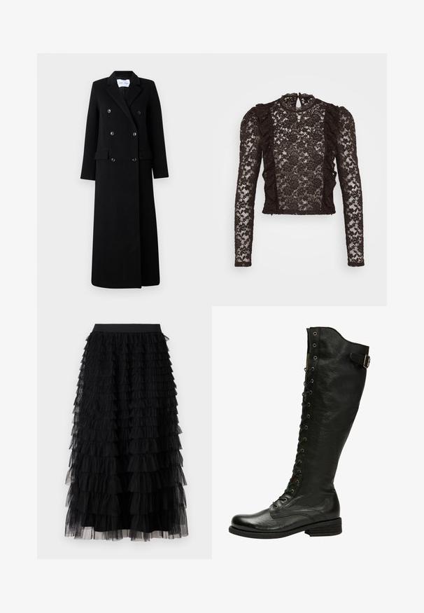 Samsøe Samsøe COAT MAXI - Klassikaline mantel - black; Mustade pitsidega pluus, millel on pikad varrukad, volangilised ääred, kõrge kaelus ja lillemustrid. Mänguline disain keerukate detailidega kogu ulatuses.; Vero Moda VMNAJA Mid waist Long - Maksiseelik - black; Mustmust musta põlvekõrgune saabas, millel on nööpide ja hõbedaste silmadega esitõmbeosa ning külgmine pann. Omab tekstureeritud viimistlust ja kuhjaraamatut kontsa.