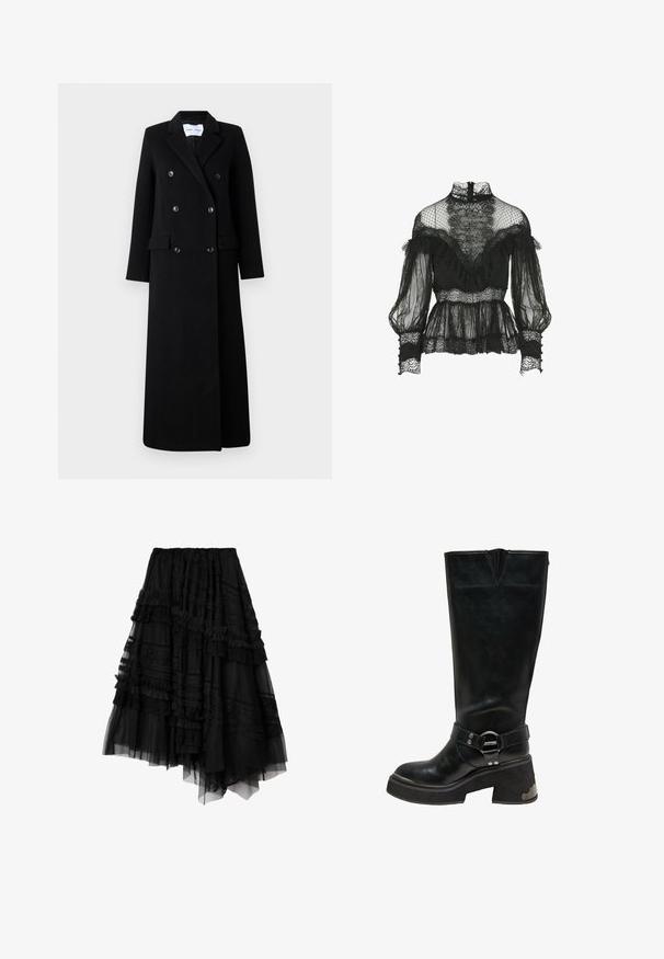 Samsøe Samsøe COAT MAXI - Mantel - black; Luisa Spagnoli Lauco- Blouse - Fashion Show - Blouse - nero; Zwarte asymmetrische gelaagde rok met kant- en ruchesdetails, gemaakt van doorschijnende en effen stoffen panelen.; Zwarte leren kniehoogte laars met een stevige blokhak, zilveren ringdetail op de enkelband en metalen accent aan de hielzijde.